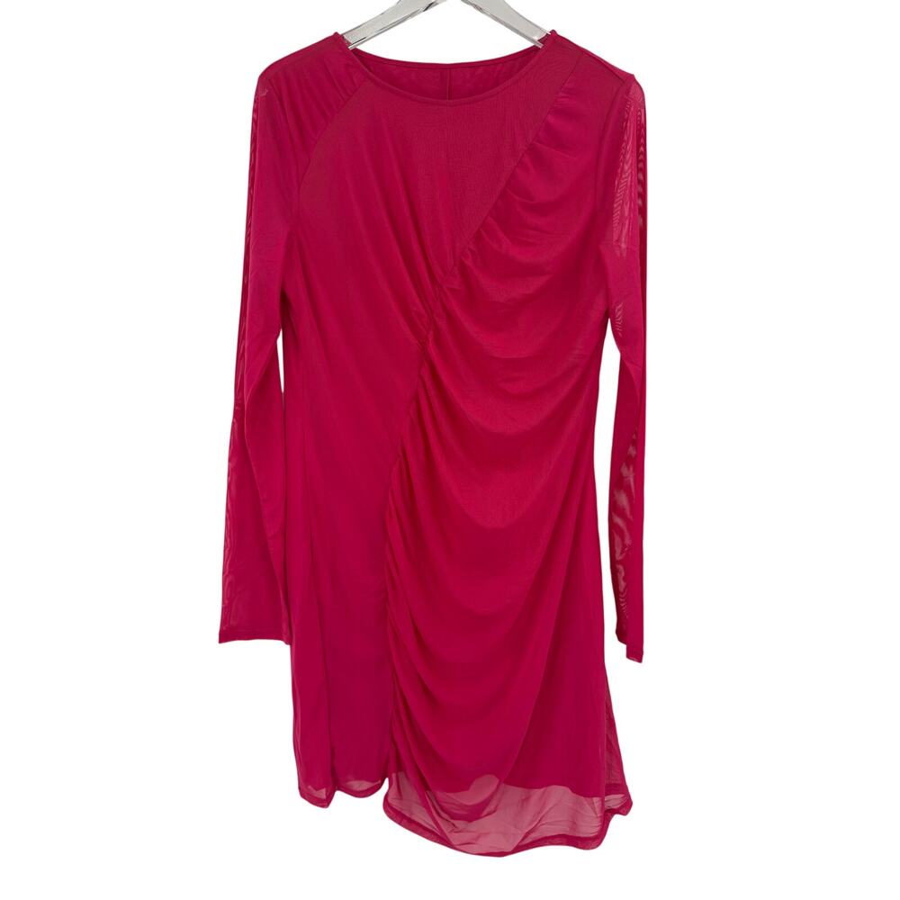 HALARA Dress Size XL NEW Fuchsia Pink Mini Long Sleeve Ruched Mesh